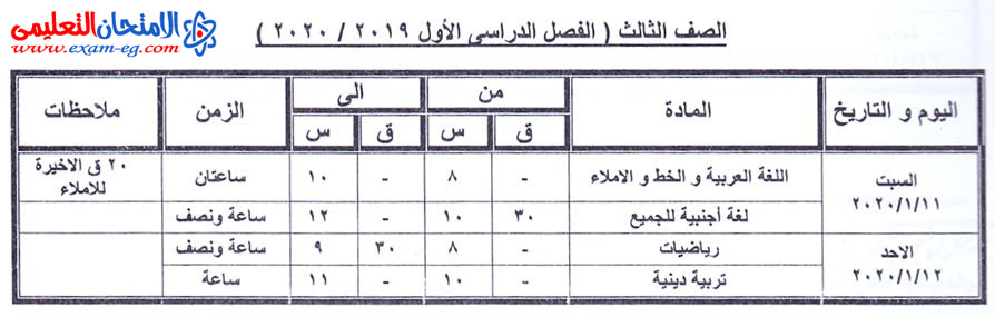 جدول ثالثة ابتدائى بكفر الشيخ الترم الاول
