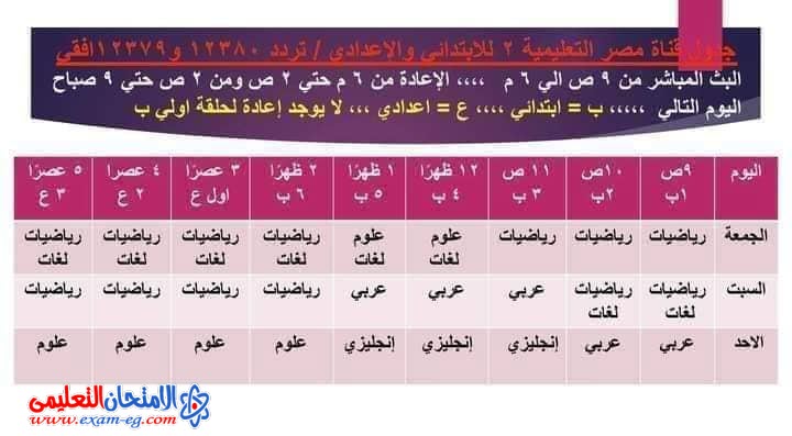جدول قناة مصر التعليمية لابتدائى واعدادى (2)