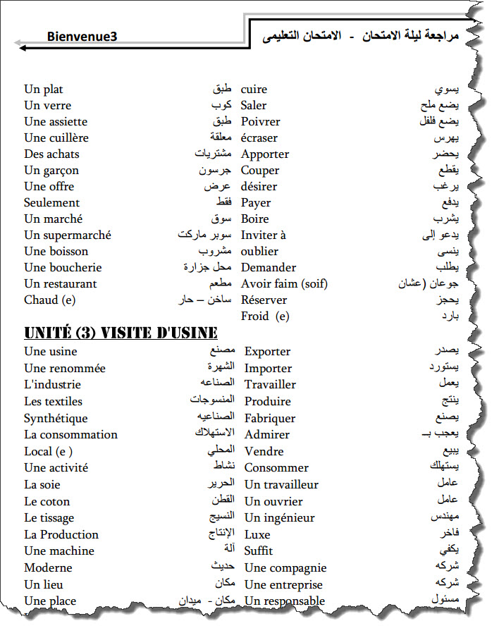 مراجعة اللغة الفرنسية للشهادة الاعدادية الفصل الدراسى الاول